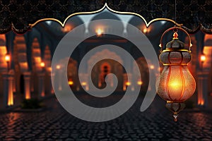 Warmly lit lantern on a realistic Ramadan themed background