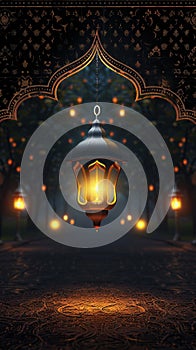 Warmly lit lantern on a realistic Ramadan themed background