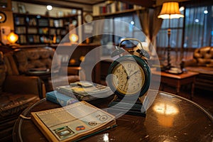 Warmly lit room with classic clock and book, exuding cozy charm and inviting comfort photo