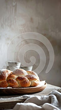 the warmth and allure of freshly baked braided bread resting on a rustic kitchen table, with plenty of empty space for