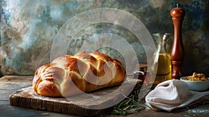 the warmth and allure of freshly baked braided bread resting on a rustic kitchen table, with plenty of empty space for