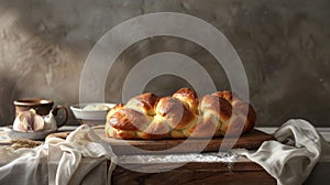 the warmth and allure of freshly baked braided bread resting on a rustic kitchen table, with plenty of empty space for