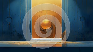 warmth and coolness in a conceptual abstract interior featuring a golden door on a background of soothing blue