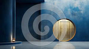 warmth and coolness in a conceptual abstract interior featuring a golden door on a background of soothing blue
