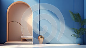 warmth and coolness in a conceptual abstract interior featuring a golden door on a background of soothing blue