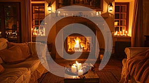 The warmth of the fire and the candlelight creates a cozy and intimate setting perfect for a night of indulgence. 2d