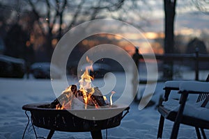 The warmth of a fire pit against the cold backdrop of a snowy evening photo