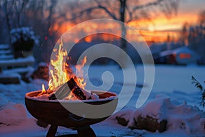 The warmth of a fire pit against the cold backdrop of a snowy evening photo