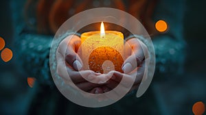 Warmth and Serenity: Hands Holding a Glowing Candle
