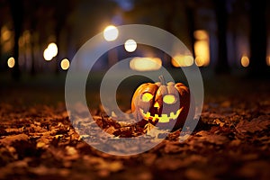 Warmth and Whimsy Kind Halloween Pumpkin in the Park. created with Generative AI