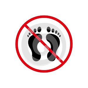 Warning Ban Walk Barefoot Black Silhouette Icon. Forbid Human Footprint Pictogram. Foot Print Bare Step Red Stop Symbol