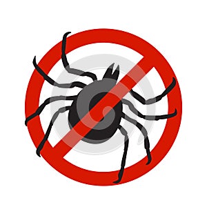 Warning, beware of ticks vector illustration. Tick insect in the prohibition stop sign. Camping signs isolated on white