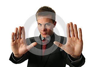 Warning Businessmen Holding His Palms Up