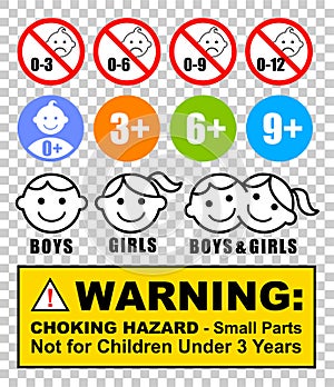 Warning Caution - Choking hazard small parts - not suitable for children under 3 years - sign vector illustration labels