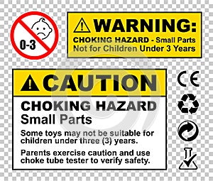 Warning Caution - Choking hazard small parts - not suitable for children under 3 years Symbols 0-3 ages sign vector illustration