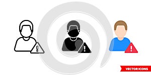 Warning caution icon of 3 types color, black and white, outline. Isolated vector sign symbol