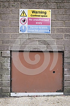 Warning Confined Space Sign No Unauthorised Entry Sign Health And Safety Construction Site Access Door photo