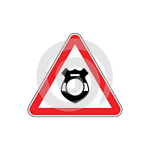 Warning cop. Police badge on red triangle. Road sign attention
