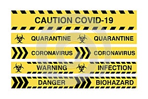 Warning coronavirus quarantine yellow and black striped tapes isolated on white background. Vector seamless design