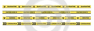 Warning coronavirus quarantine yellow and black striped tapes isolated on white background. Vector seamless design