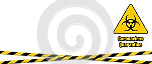 Warning coronavirus quarantine yellow and black stripes tape on white background,  tapes hazard quarantine, coronavirus caution