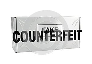 Warning counterfeit goods alert on plain white packaging box