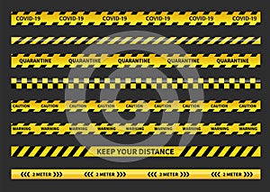 Warning Covid-19 quarantine tapes. Black and yellow line striped. Social distancing tape. Vector