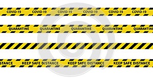 Warning Covid-19 quarantine tapes. Black and yellow line striped. Vector