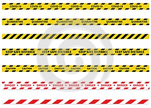 Warning Covid-19 quarantine tapes. Black and yellow line striped. Vector