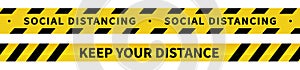 Warning Covid-19 quarantine tapes. Black and yellow line striped. Vector