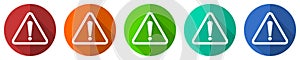 Warning, danger, caution vector icon set, red, blue, green and orange flat design web buttons isolated on white, vector