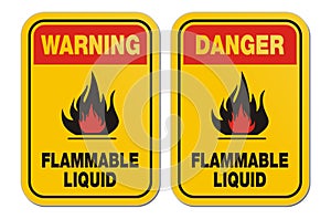 Warning and danger flammable liquid yellow signs