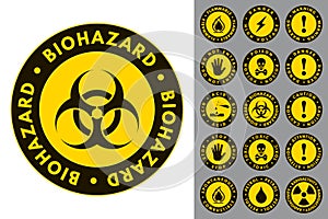 Warning and Danger. Round Icons. Set of Road and Safety Signs. Vector Labels