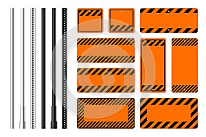 Warning, danger signs, attention banners with metal poles. Blank orange caution sign, construction site signage. Notice