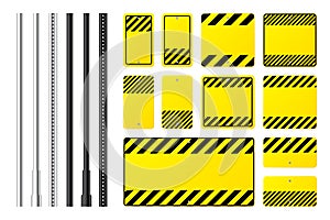 Warning, danger signs, attention banners with metal poles. Blank yellow caution sign, construction site signage. Notice