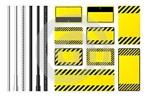 Warning, danger signs, attention banners with metal poles. Blank yellow caution sign, construction site signage. Notice