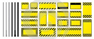 Warning, danger signs, attention banners with metal poles. Blank yellow caution sign, construction site signage. Notice