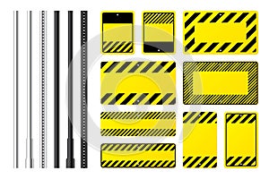Warning, danger signs, attention banners with metal poles. Blank yellow caution sign, construction site signage. Notice