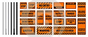 Warning, danger signs, attention banners with metal poles. Orange caution sign, construction site signage. Notice