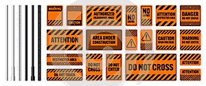 Warning, danger signs, attention banners with metal poles. Orange caution sign, construction site signage. Notice