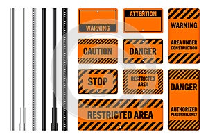 Warning, danger signs, attention banners with metal poles. Orange caution sign, construction site signage. Notice