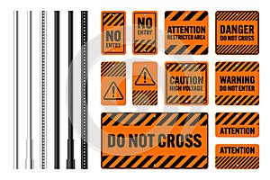 Warning, danger signs, attention banners with metal poles. Orange caution sign, construction site signage. Notice