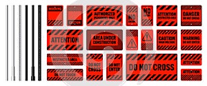 Warning, danger signs, attention banners with metal poles. Red caution sign, construction site signage. Notice signboard