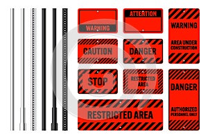 Warning, danger signs, attention banners with metal poles. Red caution sign, construction site signage. Notice signboard