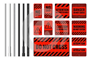 Warning, danger signs, attention banners with metal poles. Red caution sign, construction site signage. Notice signboard