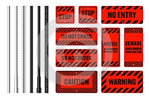 Warning, danger signs, attention banners with metal poles. Red caution sign, construction site signage. Notice signboard