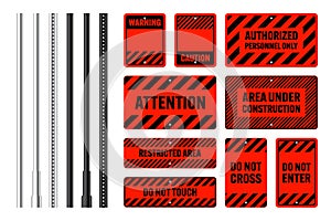 Warning, danger signs, attention banners with metal poles. Red caution sign, construction site signage. Notice signboard