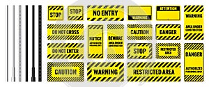 Warning, danger signs, attention banners with metal poles. Yellow caution sign, construction site signage. Notice