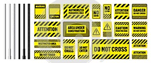 Warning, danger signs, attention banners with metal poles. Yellow caution sign, construction site signage. Notice