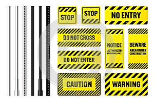 Warning, danger signs, attention banners with metal poles. Yellow caution sign, construction site signage. Notice